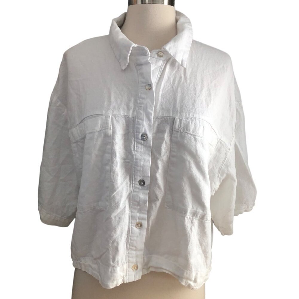 Marc New York Linen Blend White Short Sleeve Button Up Cropped Shirt Women's XL